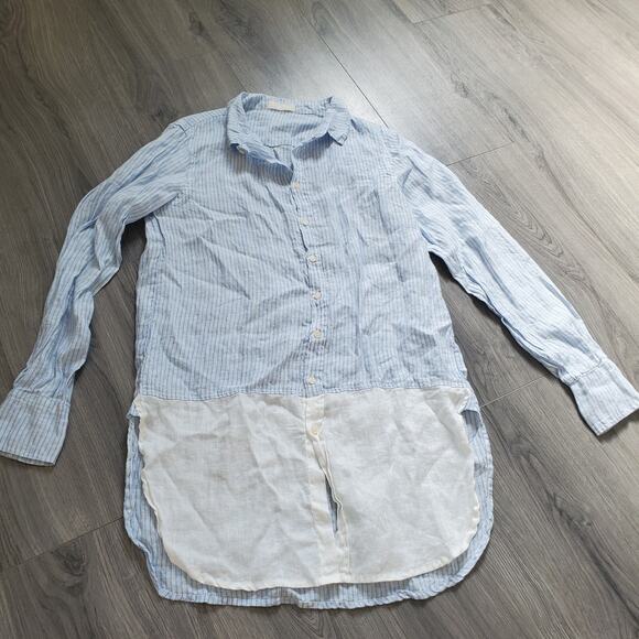 CP Shades Linen Shirt Tunic Button Up Womens Small Blue Stripe Coastal Beach - Picture 1 of 8